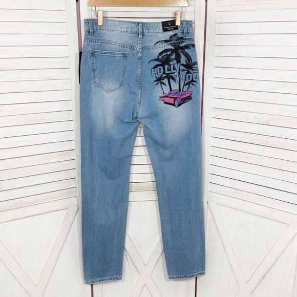 American Bazi Hollywood Graffiti Distressed Boyfriend Jeans Blue Large - Picture 14 of 14